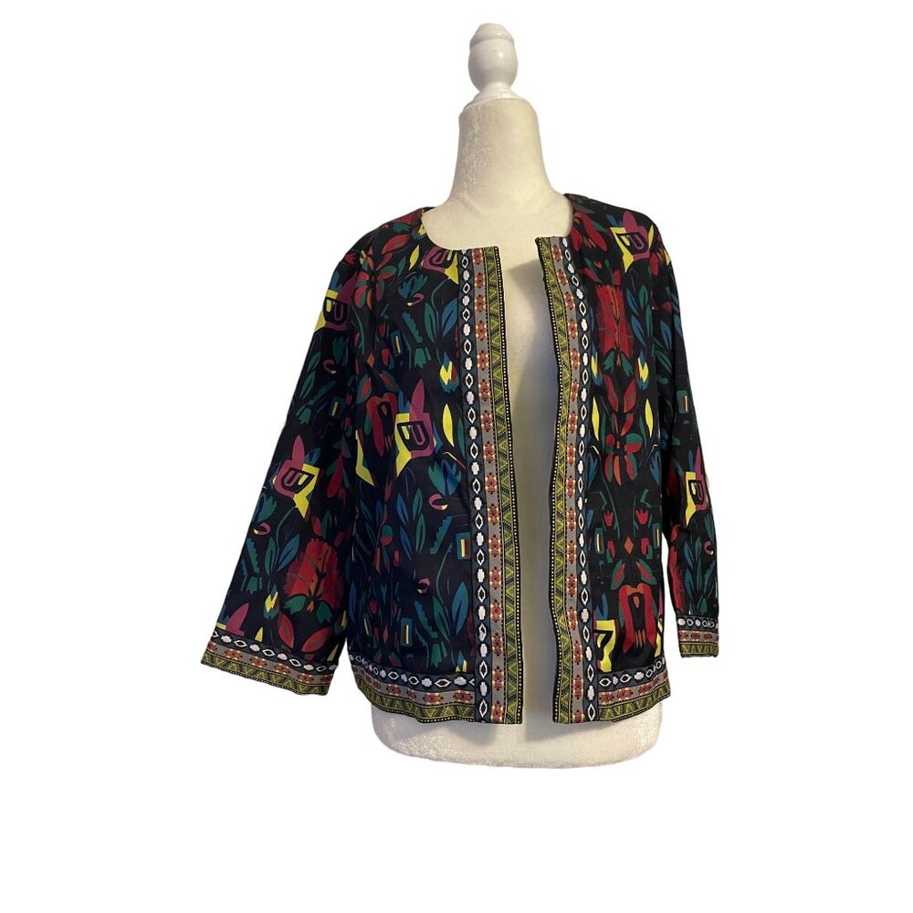 Bohemian Open Front Jacket With Colorful Abstract Floral Design XXL